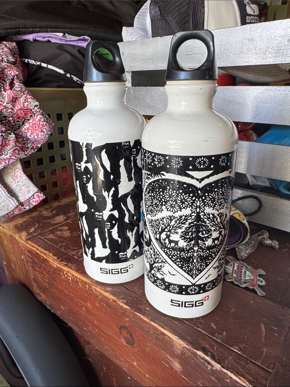 White & Black Patterned Aluminum Water Bottle: sigg metal Swiss made